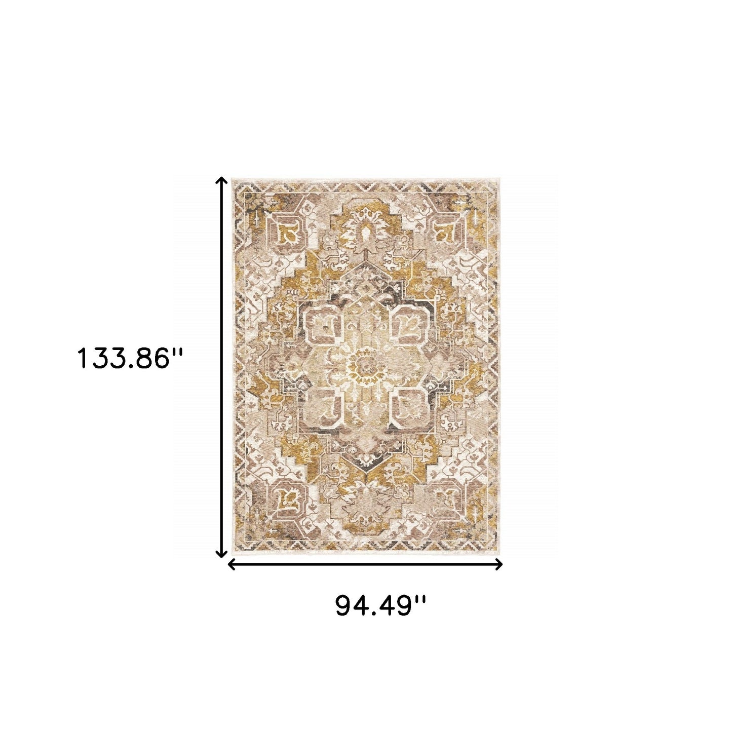 8' X 11' Gold And Ivory Oriental Power Loom Stain Resistant Area Rug With Fringe