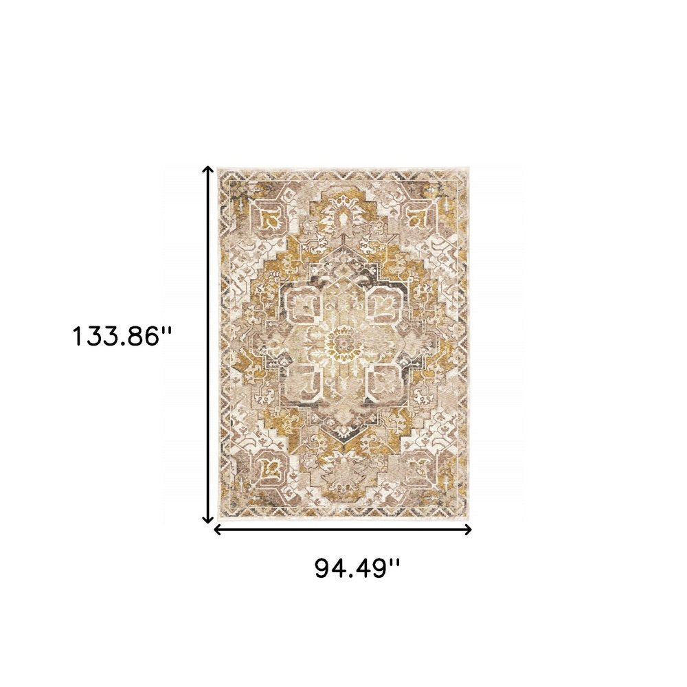 8' X 11' Gold And Brown Oriental Distressed Area Rug With Fringe