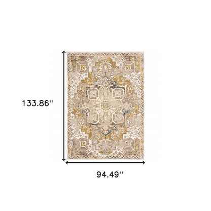 8' X 11' Gold And Brown Oriental Distressed Area Rug With Fringe