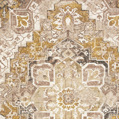 8' X 11' Gold And Brown Oriental Distressed Area Rug With Fringe