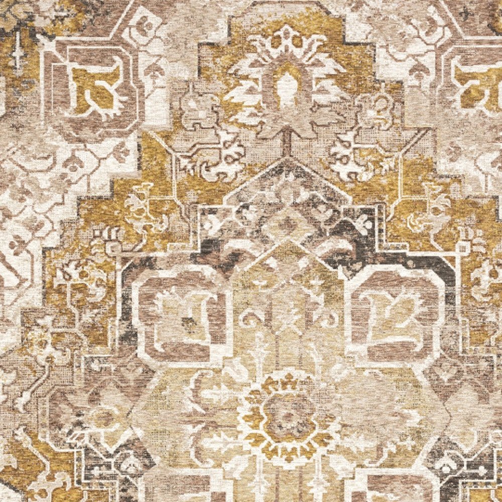 8' X 11' Gold And Brown Oriental Distressed Area Rug With Fringe
