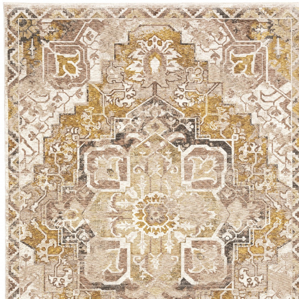 8' X 11' Gold And Ivory Oriental Power Loom Stain Resistant Area Rug With Fringe