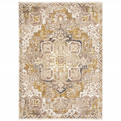 8' X 11' Gold And Brown Oriental Distressed Area Rug With Fringe