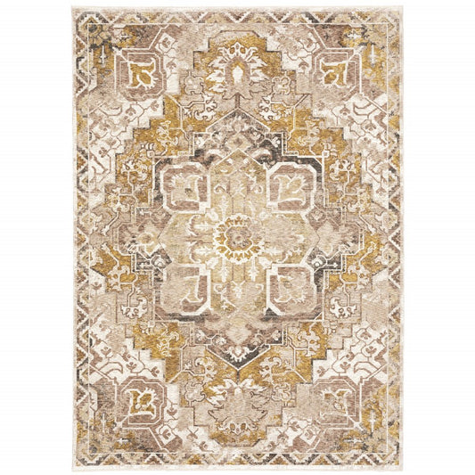 8' X 11' Gold And Brown Oriental Distressed Area Rug With Fringe