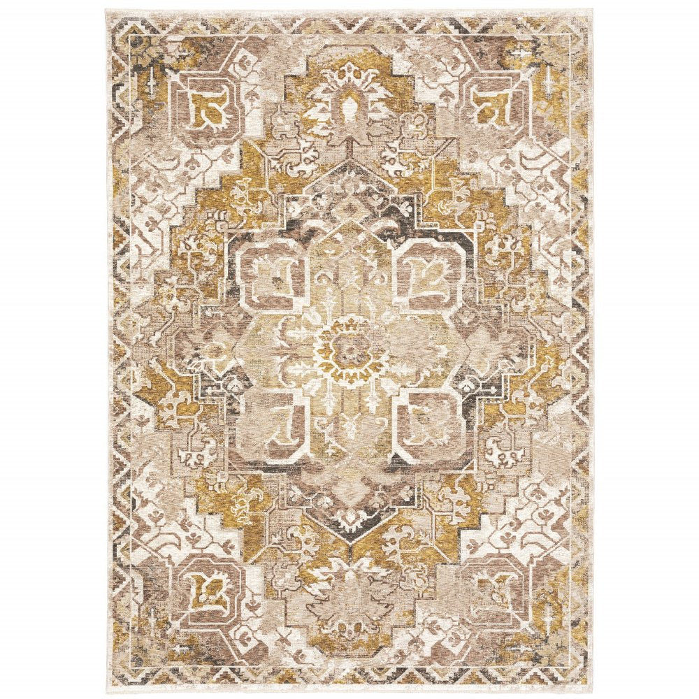 8' X 11' Gold And Brown Oriental Distressed Area Rug With Fringe