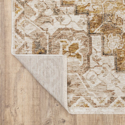 8' X 11' Gold And Brown Oriental Distressed Area Rug With Fringe