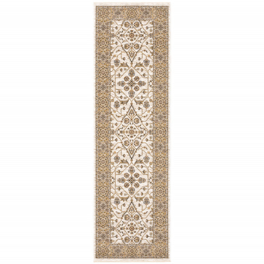 2' X 8' Ivory And Gold Oriental Power Loom Stain Resistant Runner Rug With Fringe