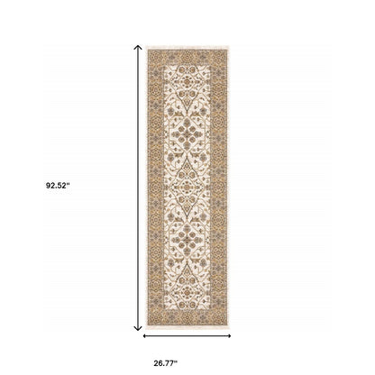 2' X 8' Ivory And Gold Oriental Power Loom Stain Resistant Runner Rug With Fringe