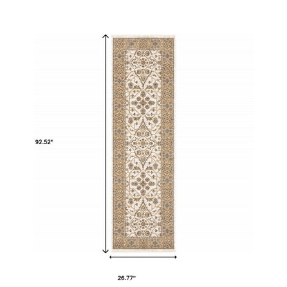 2' X 8' Ivory And Gold Oriental Power Loom Stain Resistant Runner Rug With Fringe