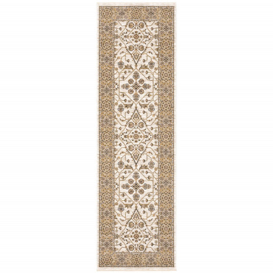 2' X 8' Ivory And Gold Oriental Power Loom Stain Resistant Runner Rug With Fringe