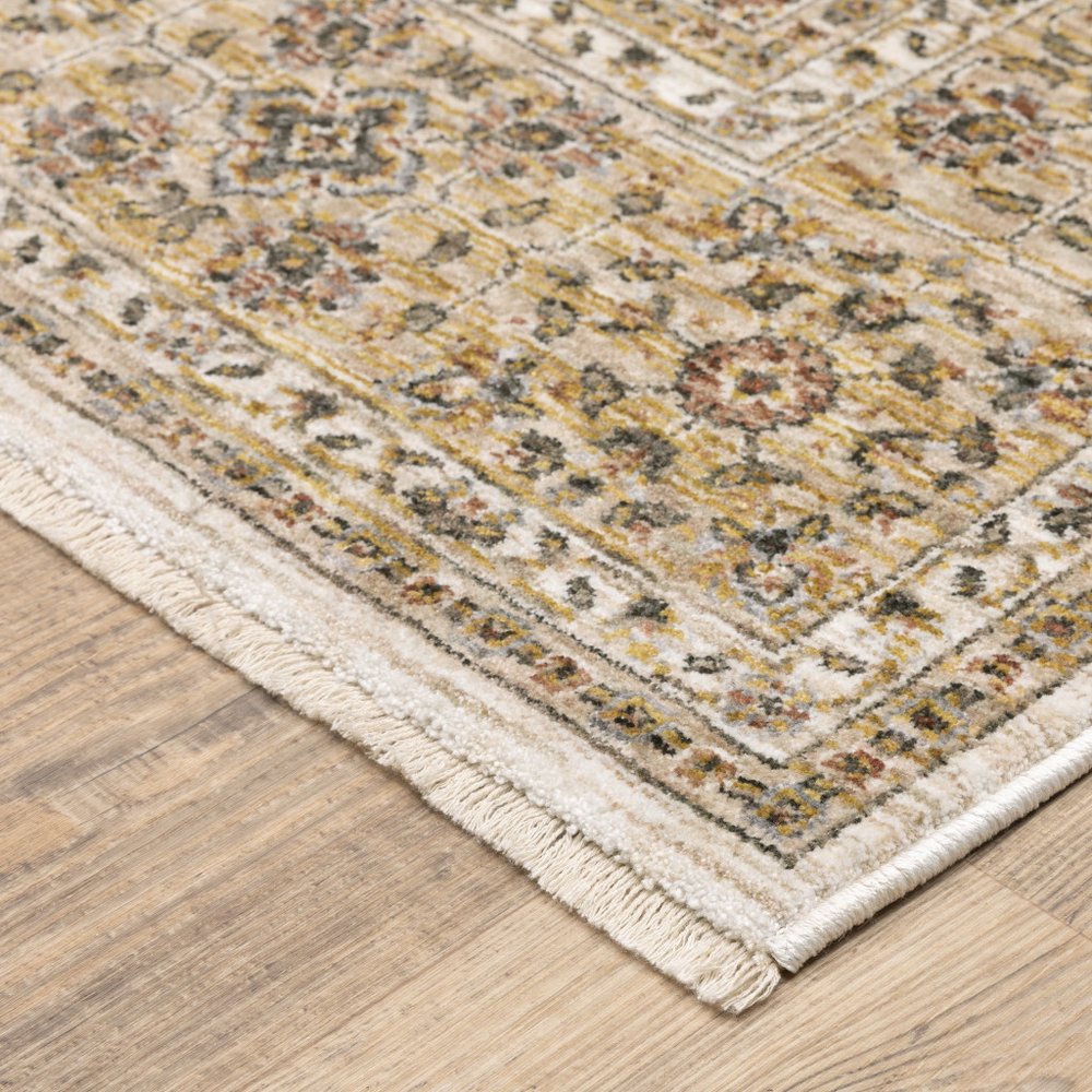 2' X 8' Ivory And Gold Oriental Power Loom Stain Resistant Runner Rug With Fringe
