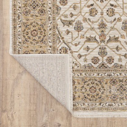2' X 8' Ivory And Gold Oriental Power Loom Stain Resistant Runner Rug With Fringe