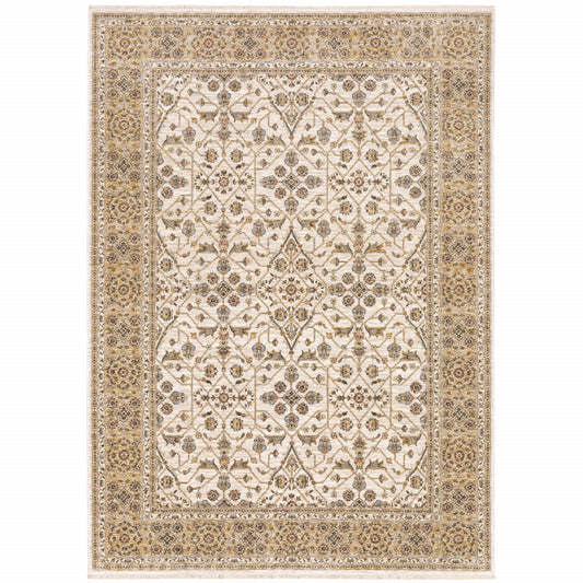 2' X 3' Ivory And Gold Oriental Power Loom Stain Resistant Area Rug With Fringe