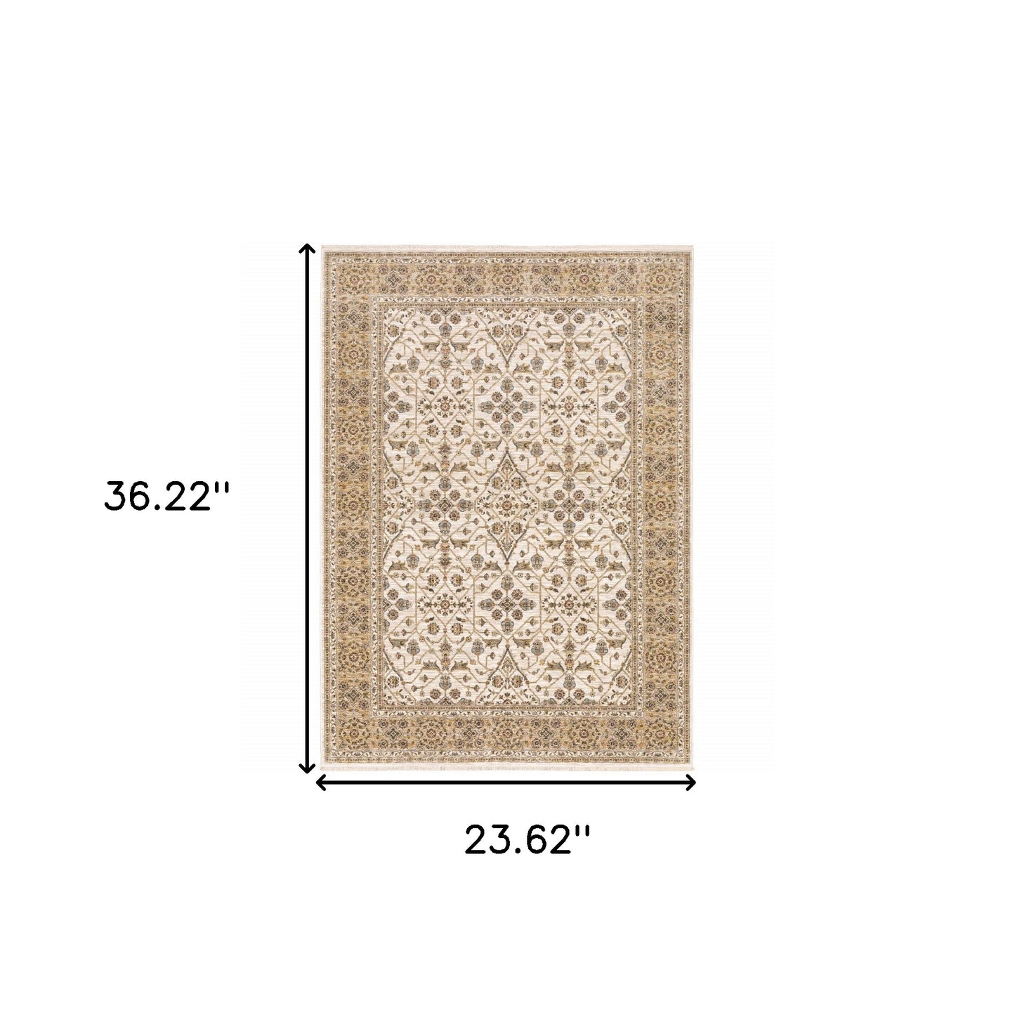 2' X 3' Ivory And Gold Oriental Power Loom Stain Resistant Area Rug With Fringe