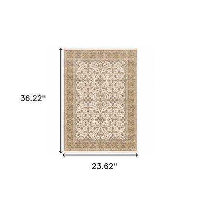 2' X 3' Ivory And Gold Oriental Power Loom Stain Resistant Area Rug With Fringe