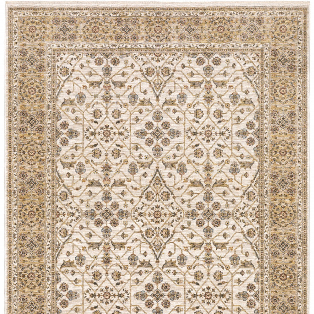 2' X 3' Ivory And Gold Oriental Power Loom Stain Resistant Area Rug With Fringe