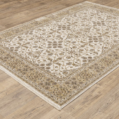 2' X 3' Ivory And Gold Oriental Power Loom Stain Resistant Area Rug With Fringe