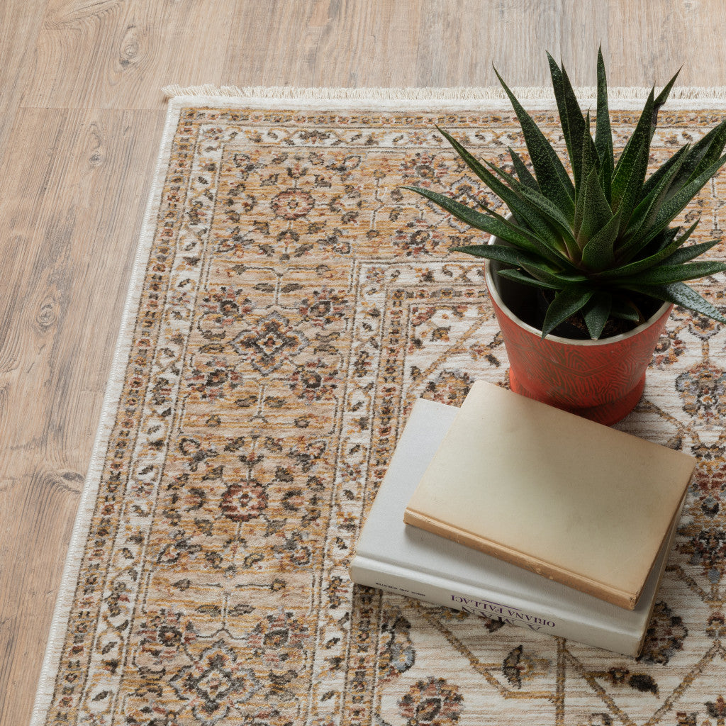 2' X 3' Ivory And Gold Oriental Power Loom Stain Resistant Area Rug With Fringe