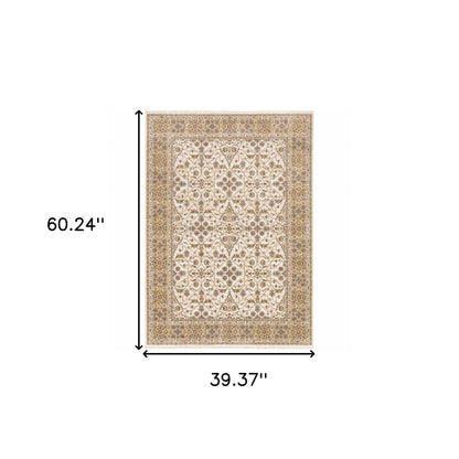 3' X 5' Ivory And Gold Oriental Power Loom Stain Resistant Area Rug With Fringe