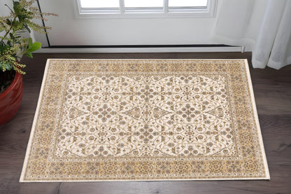3' X 5' Ivory And Gold Oriental Power Loom Stain Resistant Area Rug With Fringe