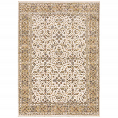 5' X 8' Ivory And Gold Oriental Power Loom Stain Resistant Area Rug With Fringe