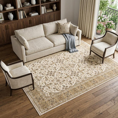 7' X 10' Ivory And Gold Oriental Area Rug With Fringe