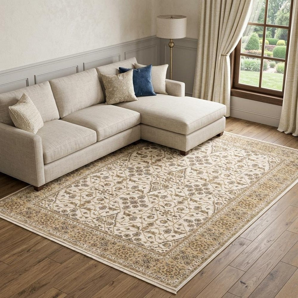 7' X 10' Ivory And Gold Oriental Area Rug With Fringe