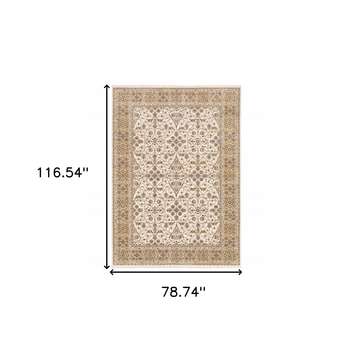 6' X 9' Ivory And Gold Oriental Power Loom Stain Resistant Area Rug With Fringe