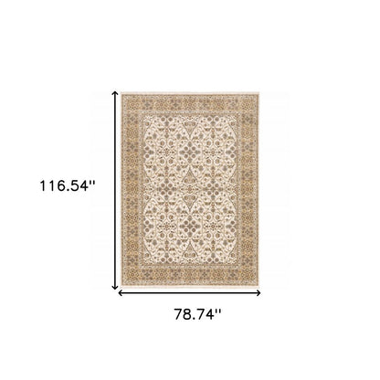 7' X 10' Ivory And Gold Oriental Area Rug With Fringe