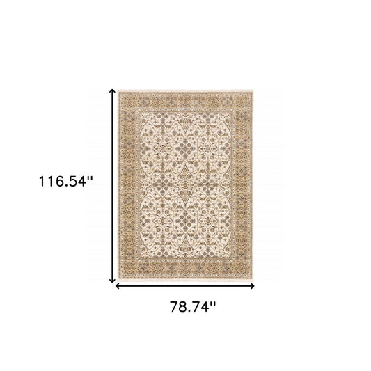 7' X 10' Ivory And Gold Oriental Area Rug With Fringe