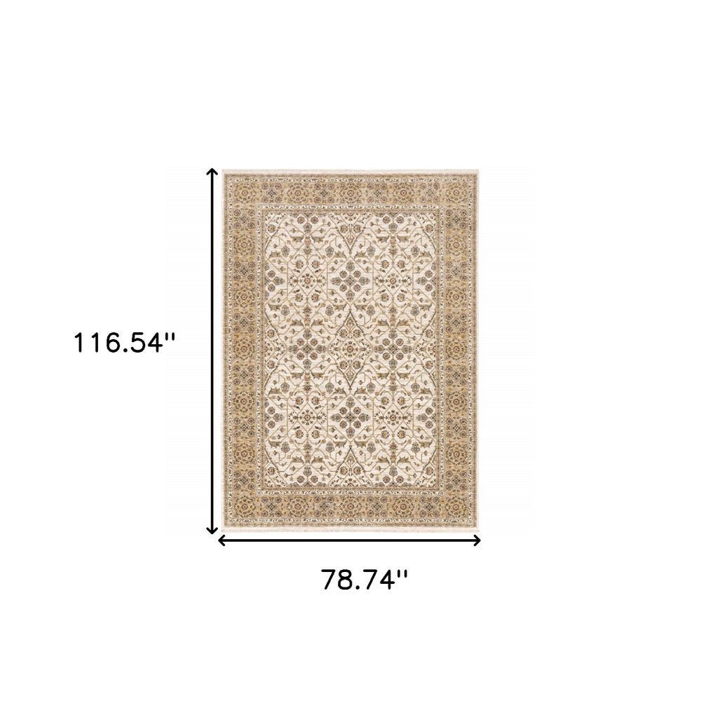 7' X 10' Ivory And Gold Oriental Area Rug With Fringe