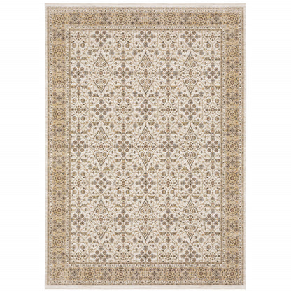 8' X 11' Ivory And Gold Oriental Power Loom Stain Resistant Area Rug With Fringe