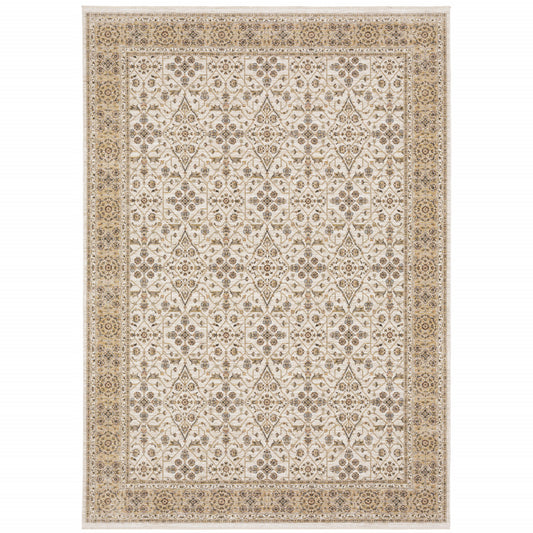 8' X 11' Ivory And Gold Oriental Power Loom Stain Resistant Area Rug With Fringe