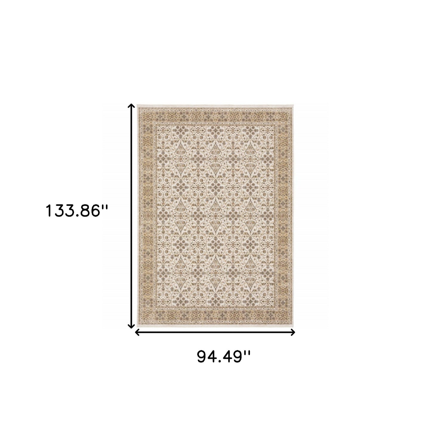 8' X 11' Ivory And Gold Oriental Power Loom Stain Resistant Area Rug With Fringe