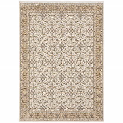 8' X 11' Ivory And Gold Oriental Area Rug With Fringe