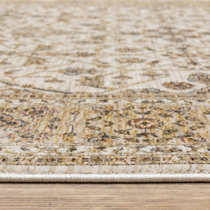 8' X 11' Ivory And Gold Oriental Area Rug With Fringe