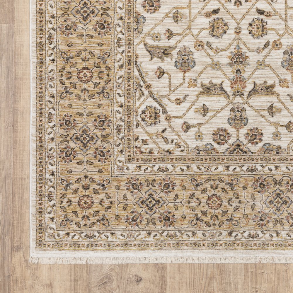 8' X 11' Ivory And Gold Oriental Area Rug With Fringe