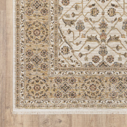 8' X 11' Ivory And Gold Oriental Area Rug With Fringe