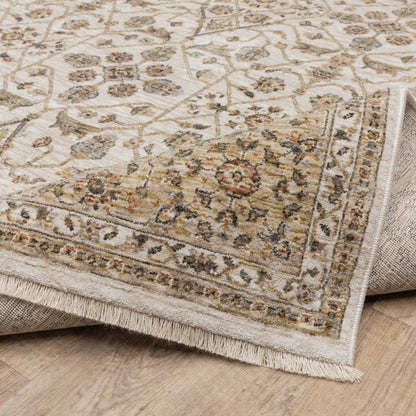 8' X 11' Ivory And Gold Oriental Area Rug With Fringe