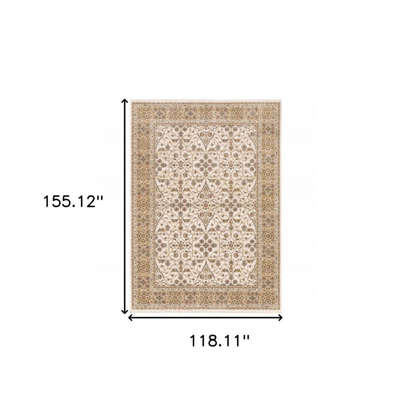 10' X 13' Ivory And Gold Oriental Power Loom Stain Resistant Area Rug With Fringe