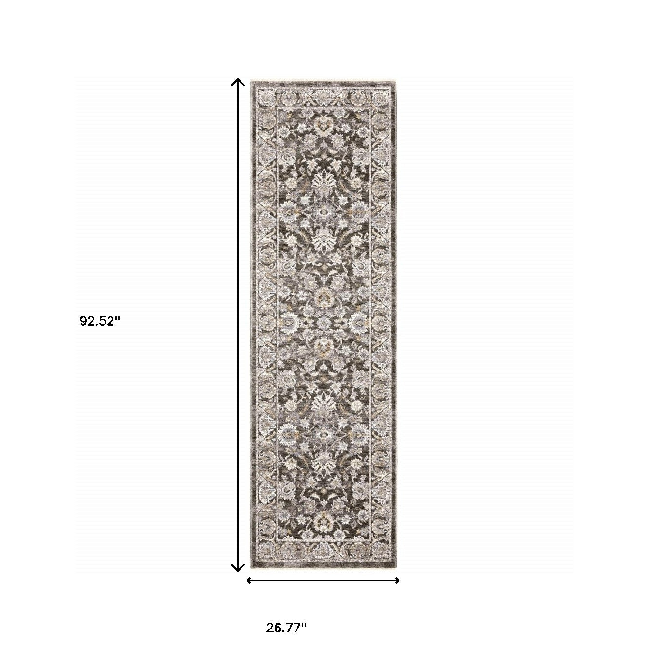 2' X 8' Grey And Ivory Oriental Power Loom Stain Resistant Runner Rug With Fringe