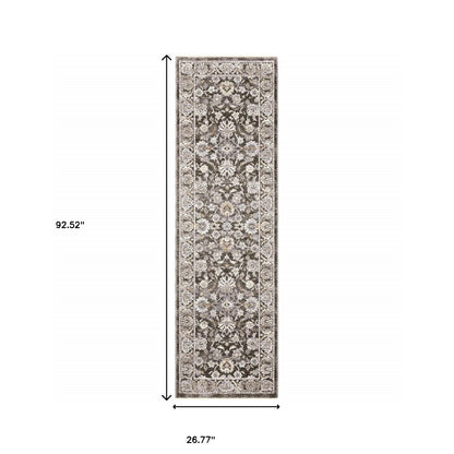 2' X 8' Grey And Ivory Oriental Power Loom Stain Resistant Runner Rug With Fringe