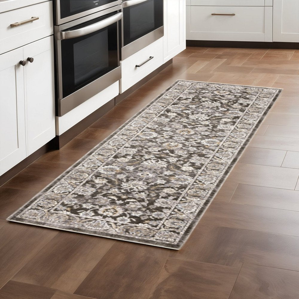 2' X 8' Grey And Ivory Oriental Power Loom Stain Resistant Runner Rug With Fringe