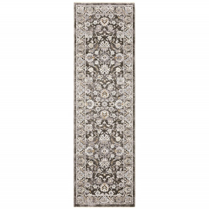 2' X 8' Grey And Ivory Oriental Power Loom Stain Resistant Runner Rug With Fringe