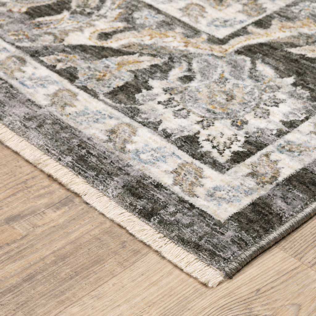 2' X 8' Grey And Ivory Oriental Power Loom Stain Resistant Runner Rug With Fringe