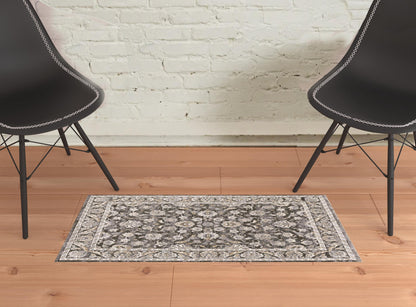 2' X 3' Grey And Ivory Oriental Power Loom Stain Resistant Area Rug With Fringe