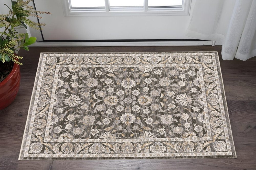 2' X 3' Grey And Ivory Oriental Power Loom Stain Resistant Area Rug With Fringe