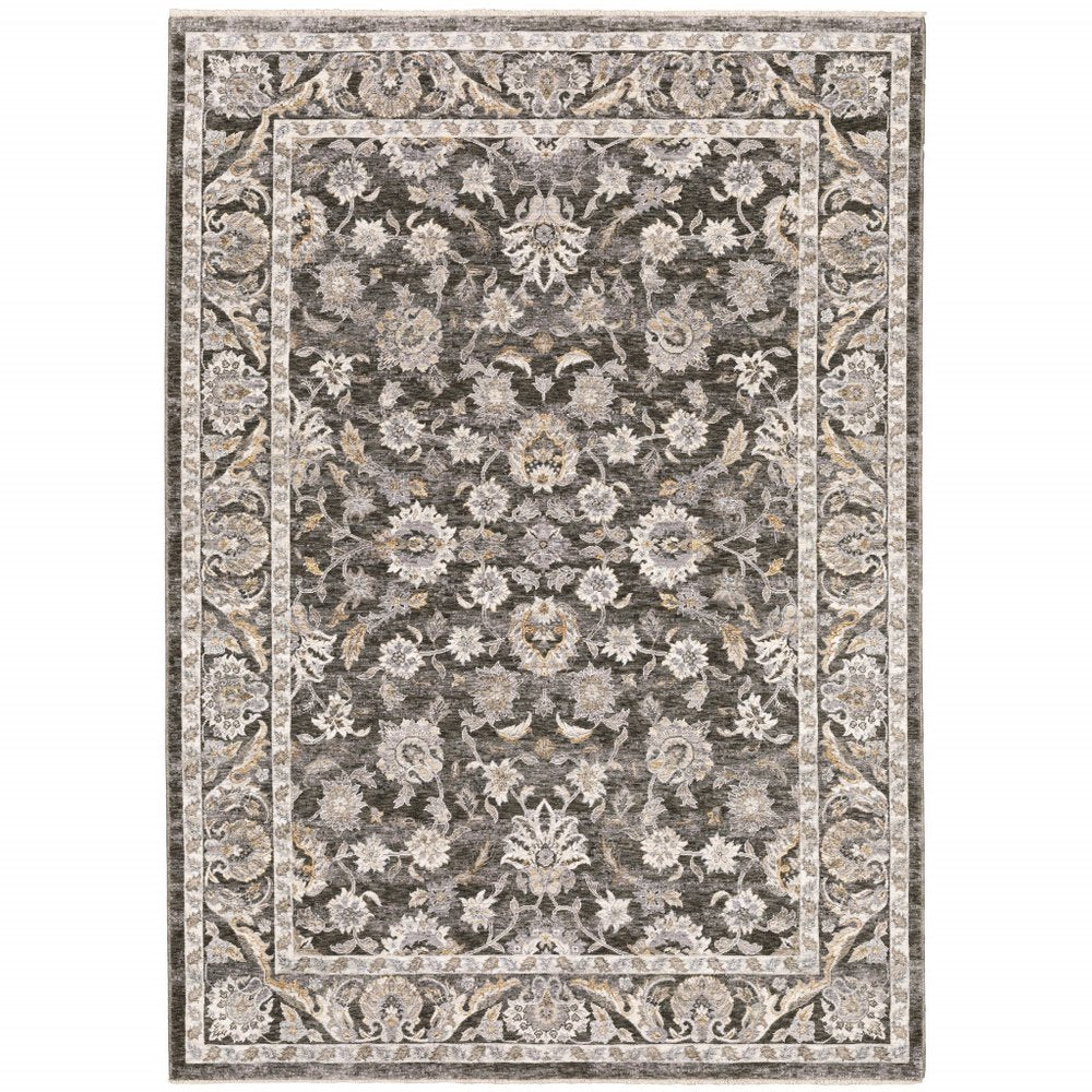 2' X 3' Grey And Ivory Oriental Power Loom Stain Resistant Area Rug With Fringe