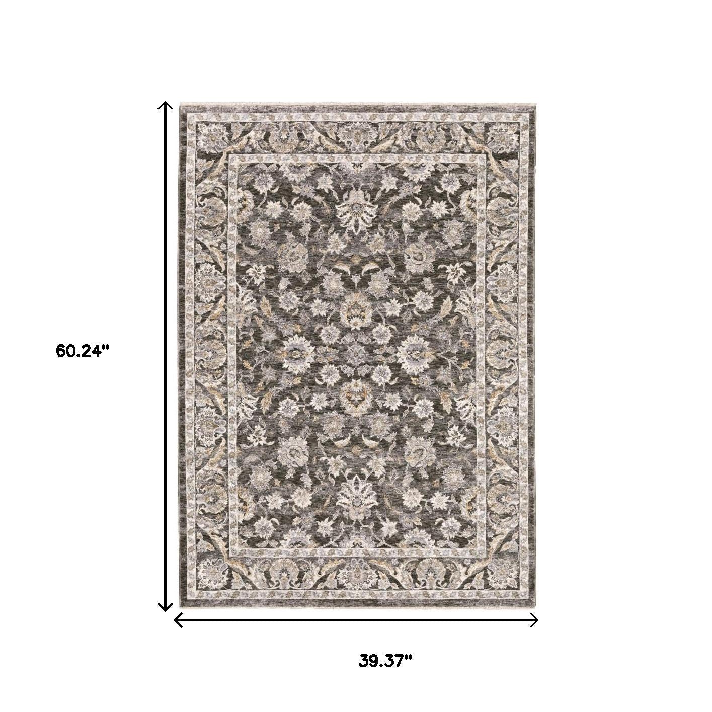 3' X 5' Grey And Ivory Oriental Power Loom Stain Resistant Area Rug With Fringe