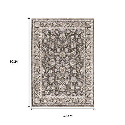 3' X 5' Grey And Ivory Oriental Power Loom Stain Resistant Area Rug With Fringe